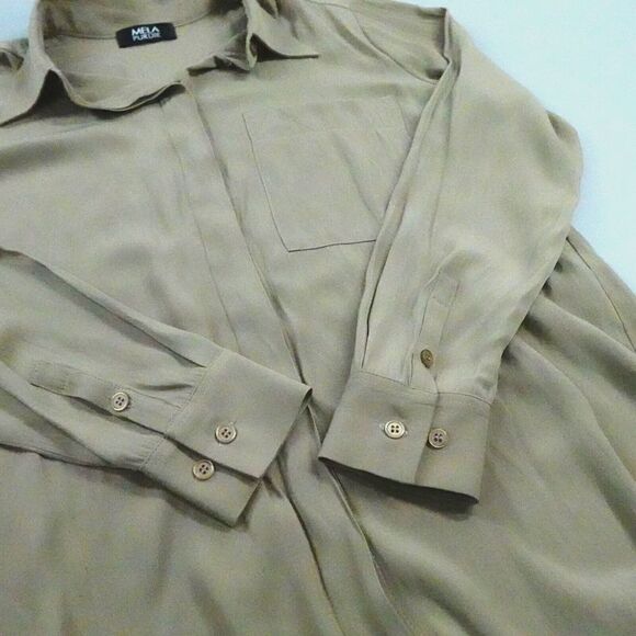 MELA PURDIE Technical Polyester Shirt Women XXS Khaki Button-Up Pocket Australia - Picture 15 of 15